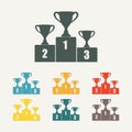 Gold, Silver and Bronze Trophy Cup on prize podium. First place award. Champions or winners Infographic elements. Royalty Free Stock Photo